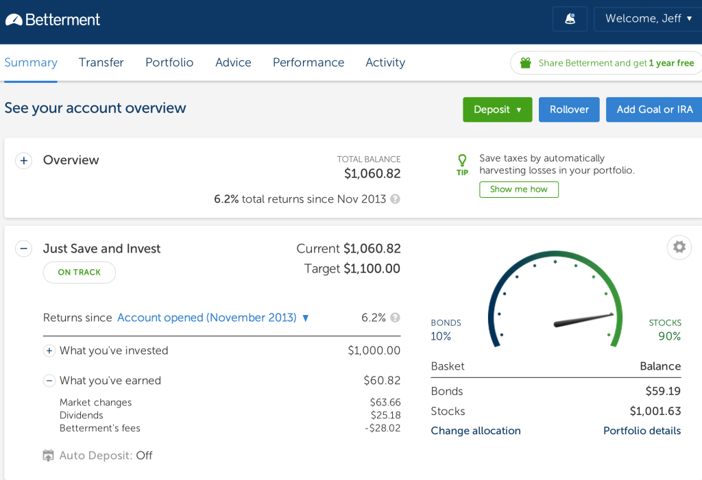 Betterment end of year results for a small or beginner investor account