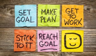set goal, make plan, work, stick to it, reach goal - a success concept presented with colorful sticky notes