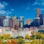Sunny Day in Denver Colorado, United States. Downtown Denver City Skyline and the Blue Sky.