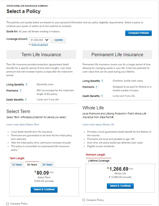 Screenshot comparing a State Farm $1 Million dollar term life insurance policy vs a permanent whole life insurance policy. 

The cost of the $1 Million term life policy is $80.09 per month.  The cost of the $1 million whole life policy is $1,266.69 per month. 