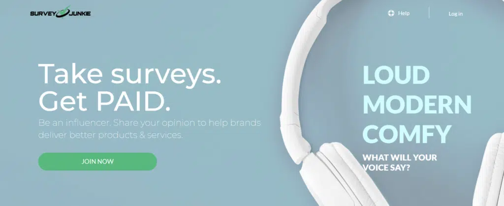 screenshot of the Survey Junkie homepage with their tagline "Take surveys. Get paid."