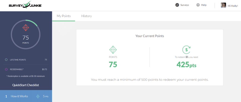 screenshot of a personal Survey Junkie account showing "My Points" and history. 
