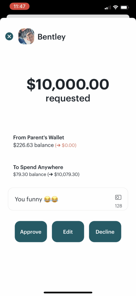screenshot of my Greenlight account where my son requested $10,000
