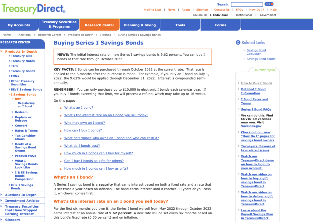 Screenshot of TreasuryDirect.Gov website, online portal where investors can purchase Series I Savings Bonds and TIPS (Treasury Inflation Protected Securities)