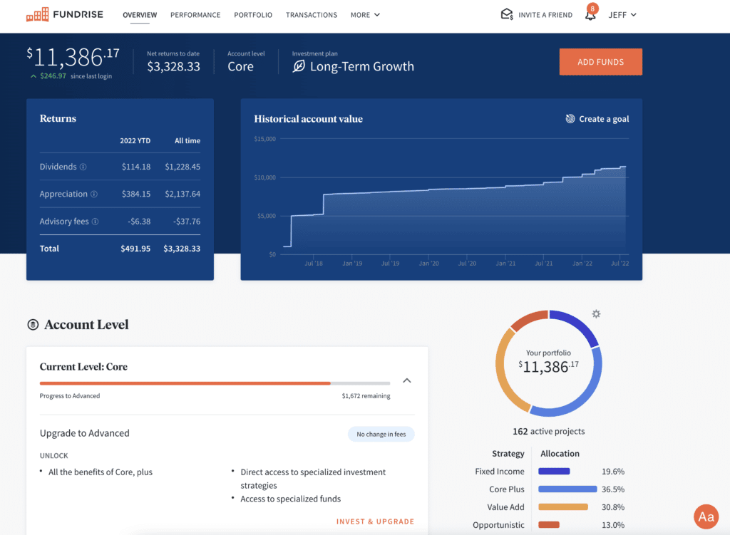 updated screenshot of my personal Fundrise investment account - a crowd-funding real estate platform