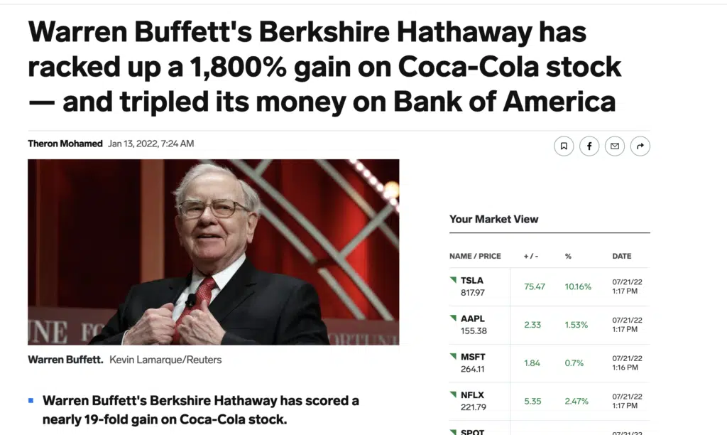 screenshot of Business Insider article highlighting Warren Buffetts return on his Coca Cola investment - over 1800%!