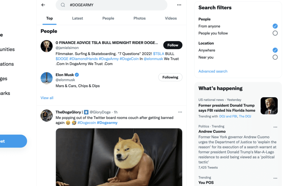 Screenshot of Twitter hashtag #Dogearmy displaying all top people that are Dogecoin enthusiasts (including Elon Musk)