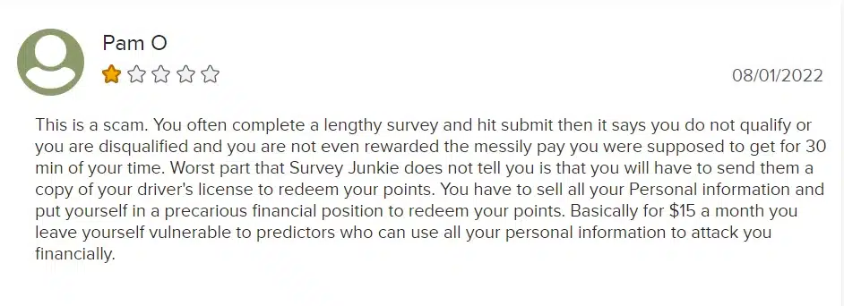 screenshot of  Survey Junkie review from the Better Business Bureau from Pam O.  