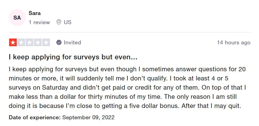 screenshot of a Trust Pilot review by username Sarah and her experience with Survey Junkie