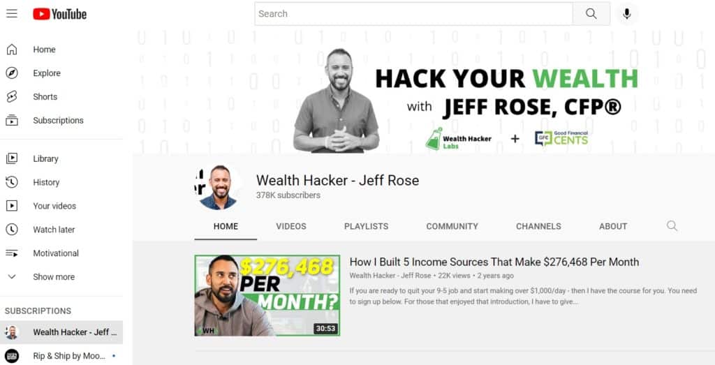 Screenshot of YouTube channel - Wealth Hacker by Jeff Rose.