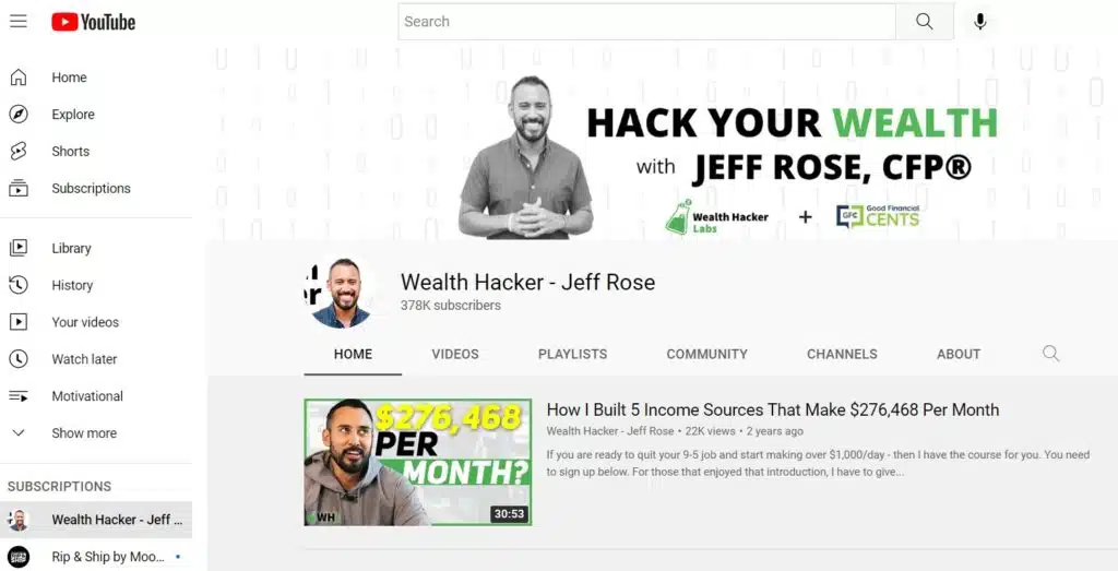 Screenshot of YouTube channel - Wealth Hacker by Jeff Rose.

