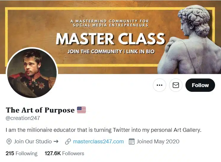 screenshot of the Art of Purpose Twitter account who runs a profitable Twitter discord called Master Class 24/7d