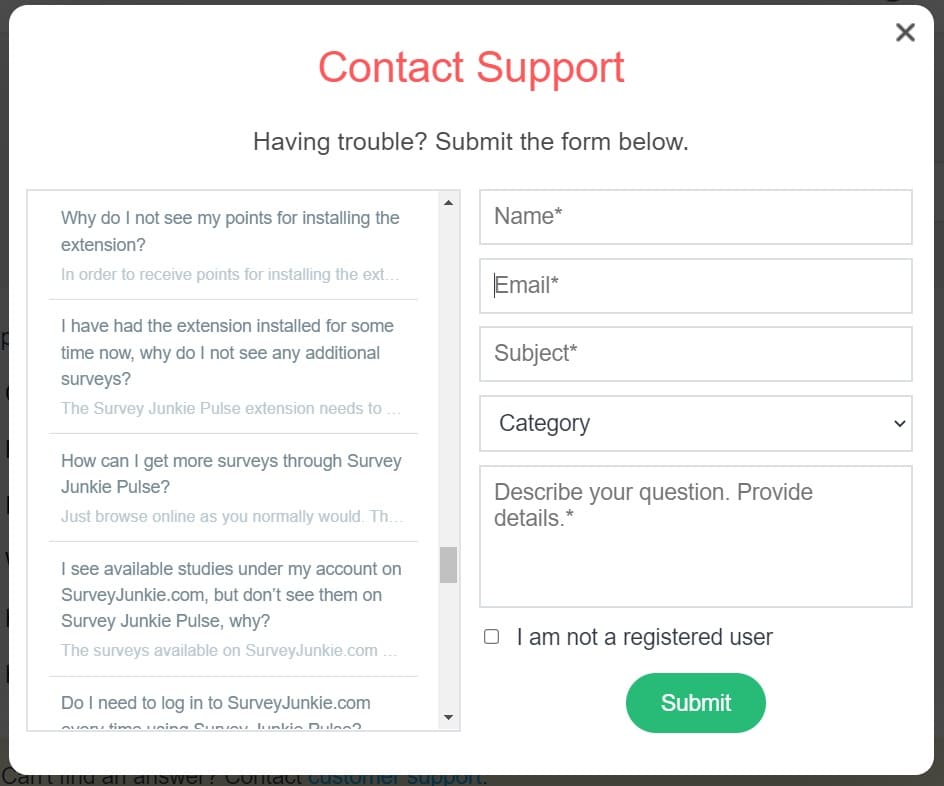Screenshot of Survey Junkie's Contact Support option for users that need personal assistance with their accounts