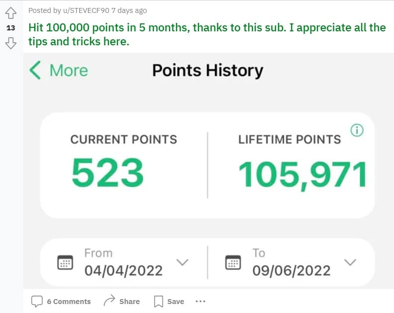 screenshot from Reddit thread showing username Stevecf90 and how he has amassed 523 currenty points and over 105,000 lifetime points with Survey Junkie