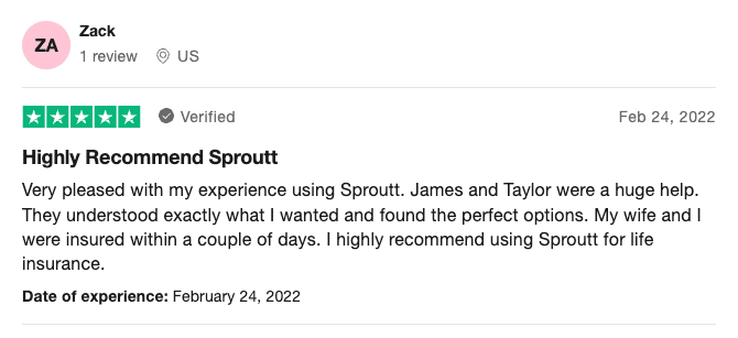 Sproutt 5 star review screenshot
