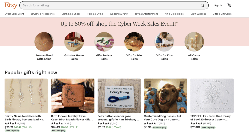 Screenshot of Etsy.com homepage.  Esty.com is a great online marketplace to sell good to make extra money quickly