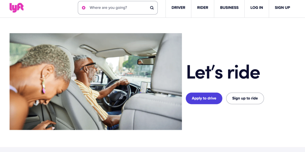 Screenshot of Lyft.com homepage - 
 The ride share service that helps you earn cash fast, Get paid in just around an hour or two with their Express Pay feature. 