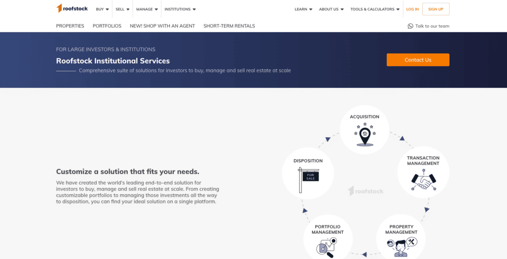 Screenshot of Roofstock Institutional services website landing page