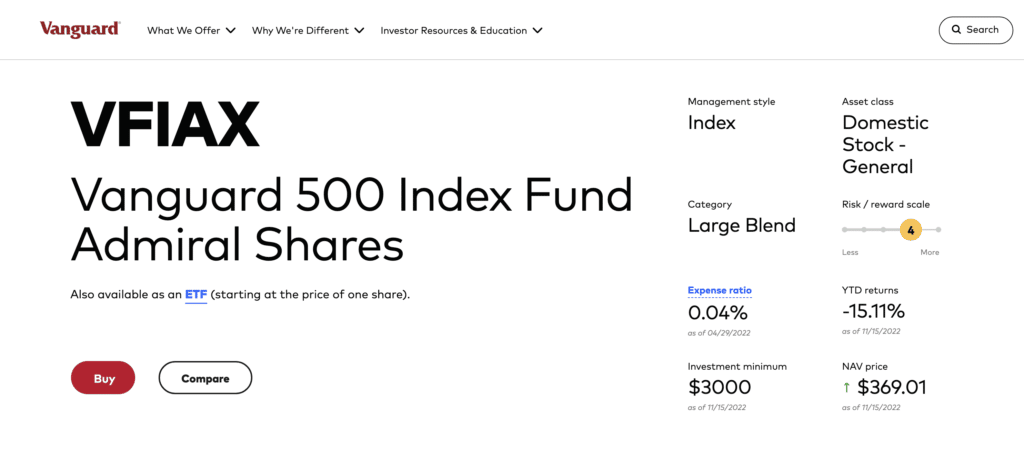 Screenshot of Vanguard 500 Index Fund - VFIAX.  The largest S&P Index Fund that investors can buy