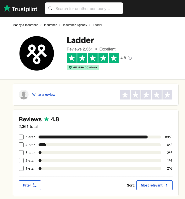 ladder life trustpilot rating screenshot