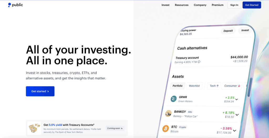 screenshot of public online investing app website