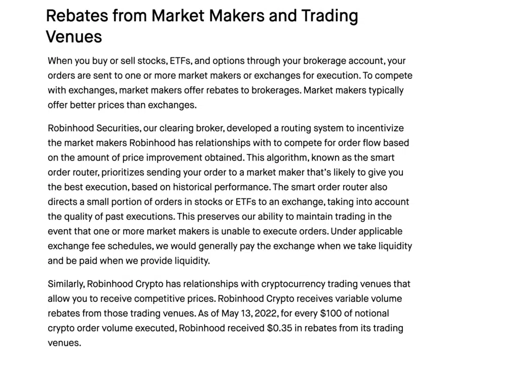screenshot from Robinhood.com on one of the ways they make money: Rebates from Market Makers and Trading Venues