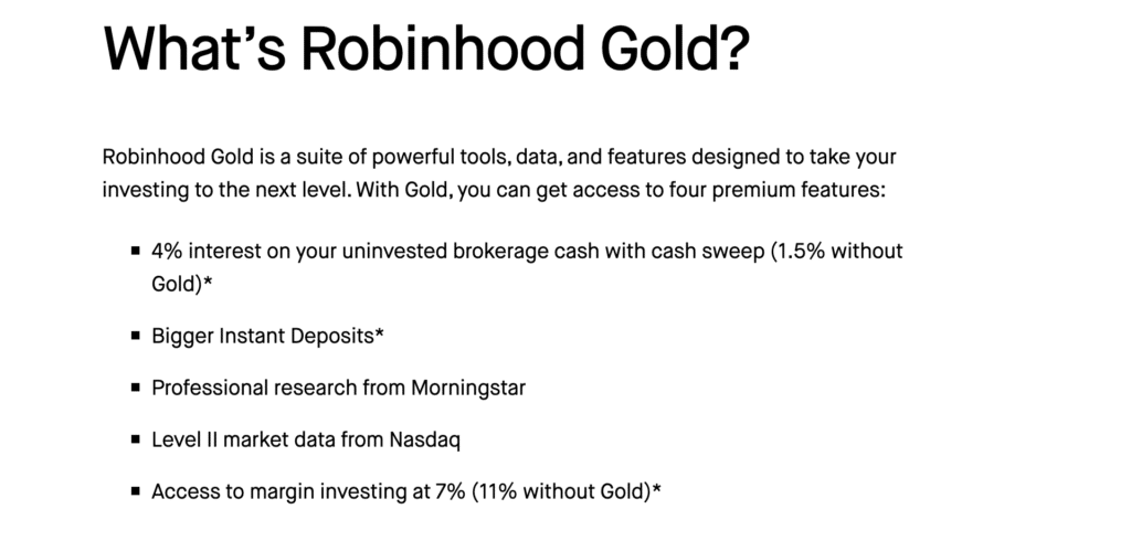 screenshot of Robinhood Gold features from Robinhood.com