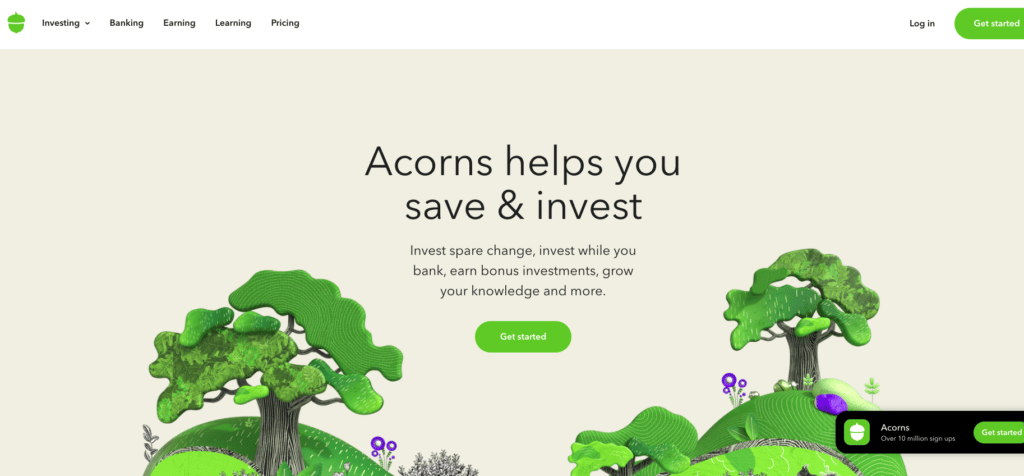 Captura de pantalla de la página de inicio de Acorns