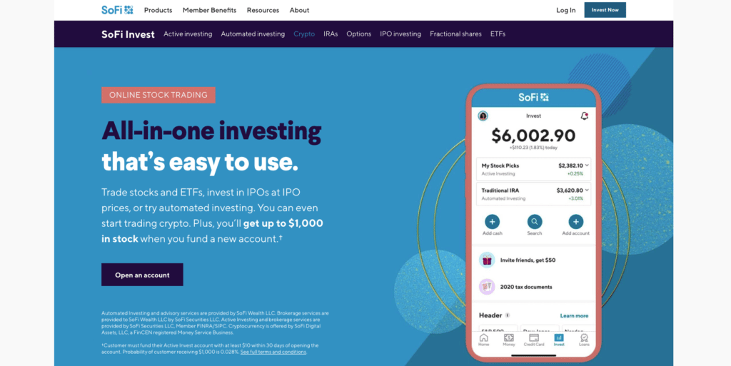 Captura de pantalla de la página de inicio de SoFi Invest