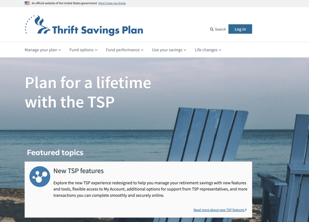 screenshot of TSP.gov homepage - Thrift Savings Plans