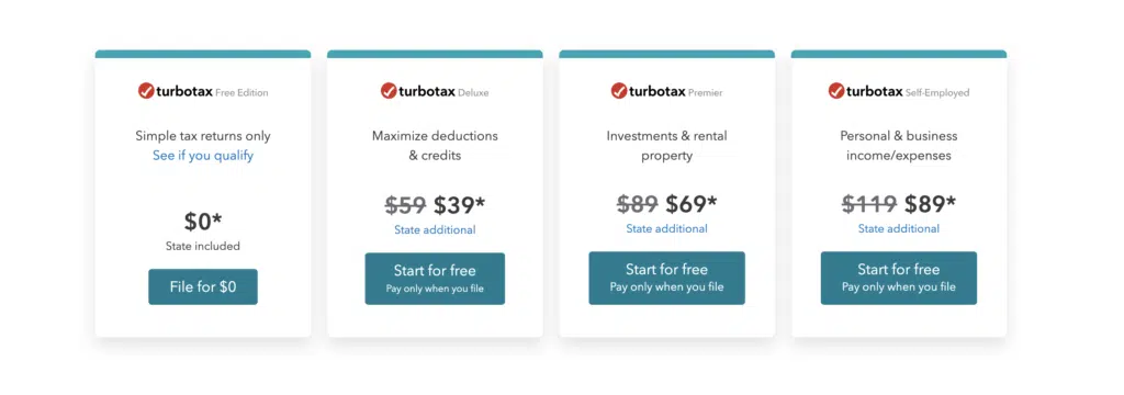 screenshot of TurboTax pricing options