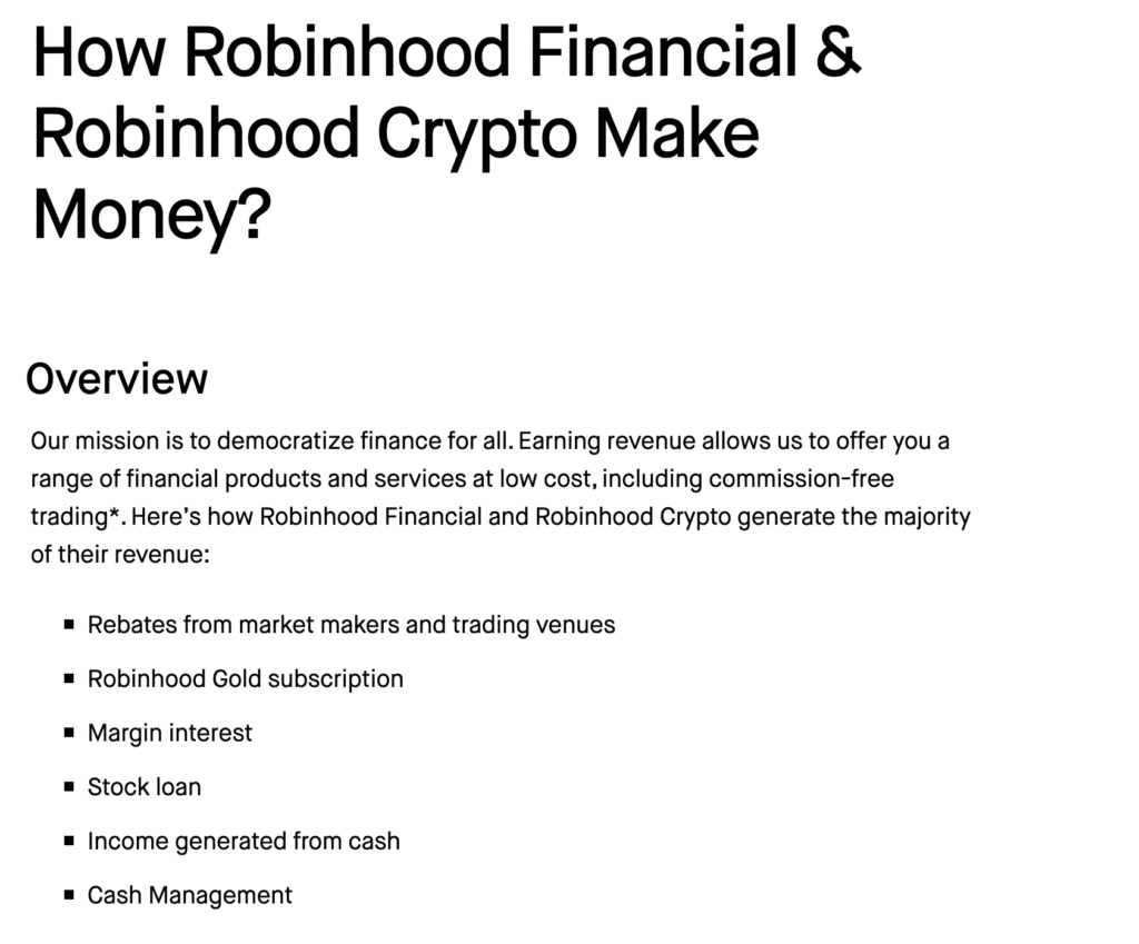 screenshot from Robinhood's website on how they make money
