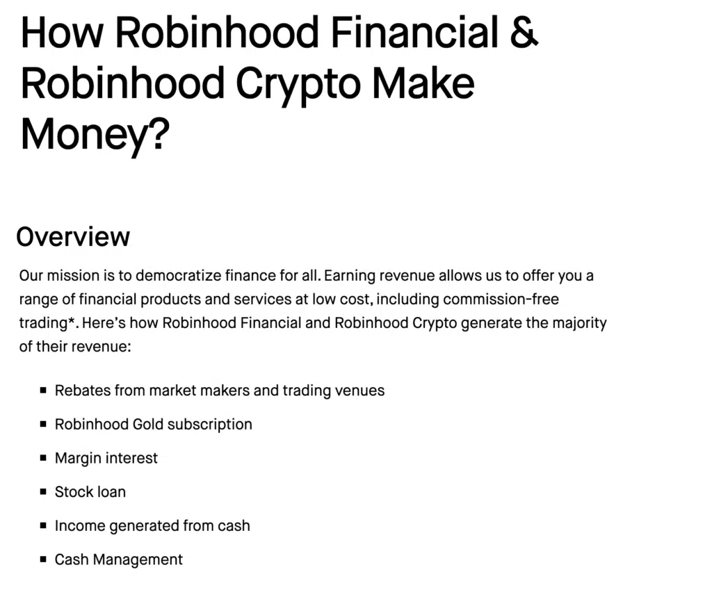 screenshot from Robinhood's website on how they make money
