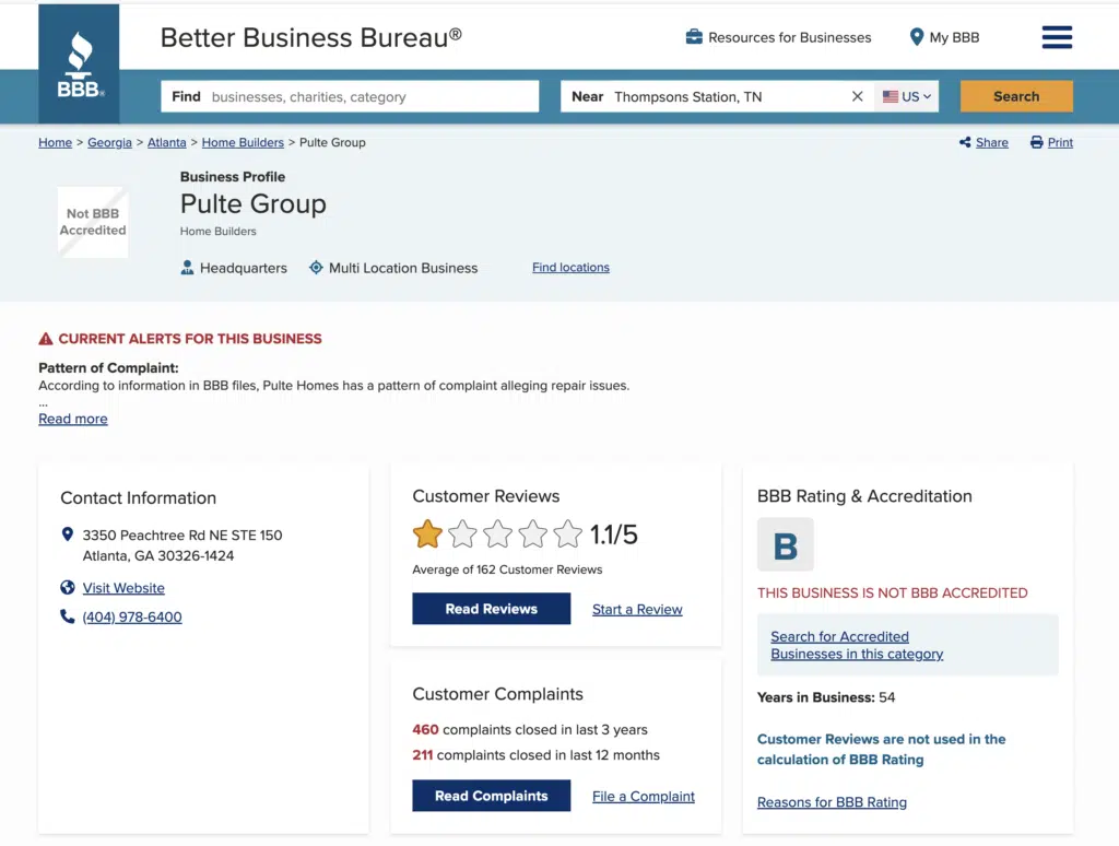 screenshot of pulte group on Better Business Bureau