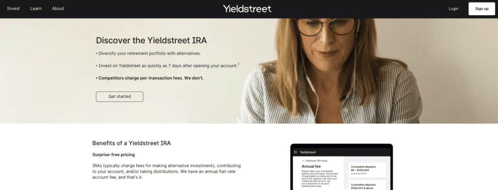 screenshot of yieldstreet IRA landing page