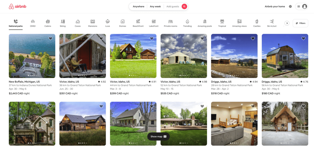 screenshot of airbnb homepage