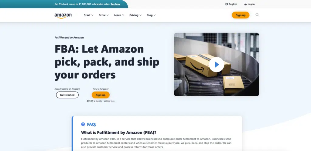 screenshot of Amazon FBA homepage