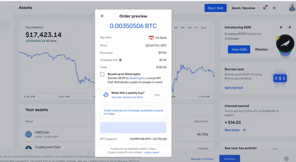 Screenshot of a personal Coinbase account buying bitcoin and showing all the fees associated with their platform

