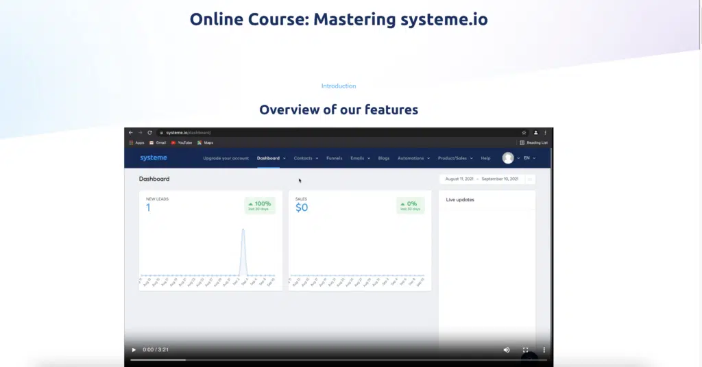 screenshot of systeme.io's tutorials page on their site