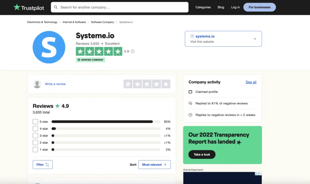 screenshot of Trustpilot review page for Systeme.io