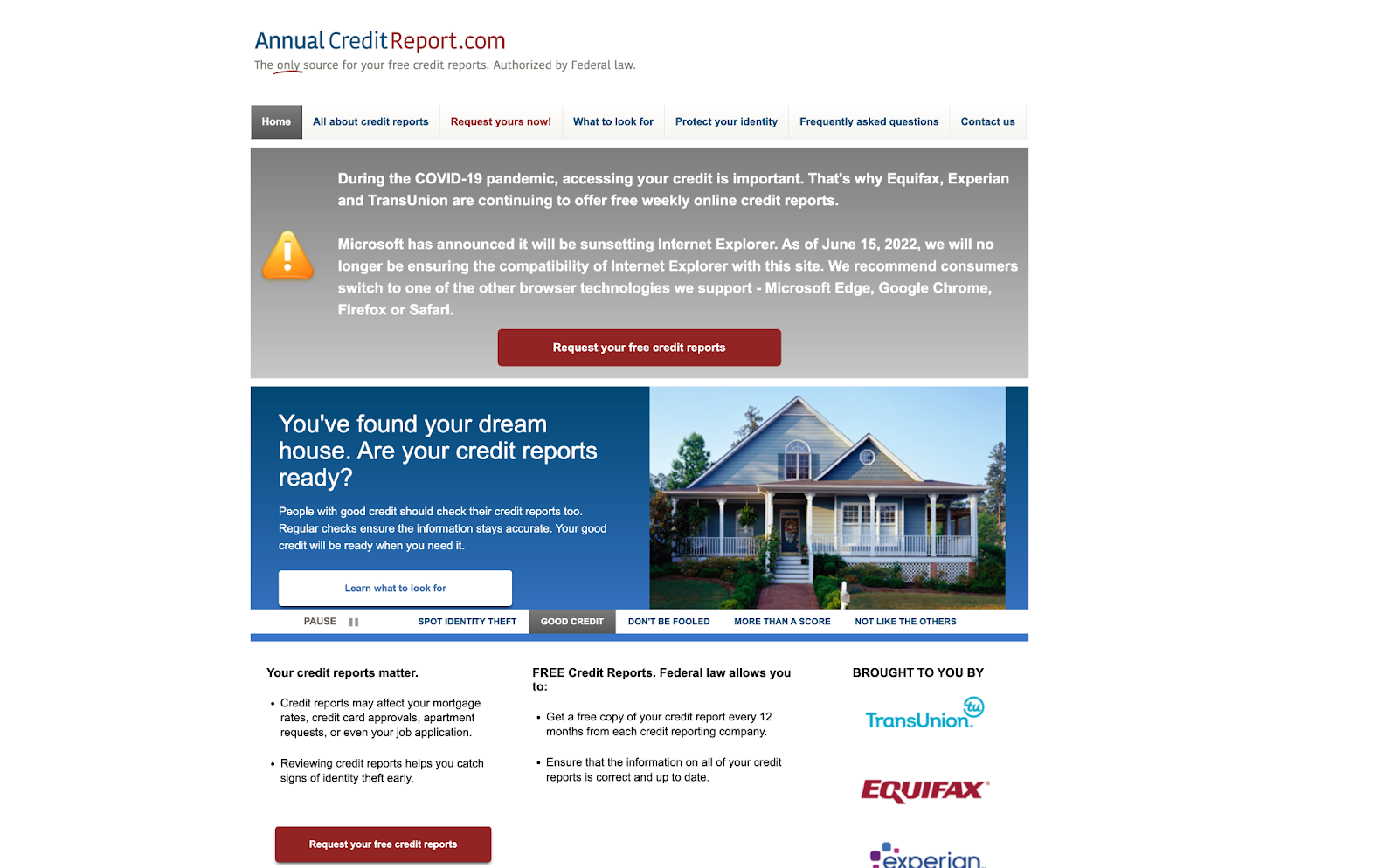 Screenshot of Annual Credit Report.com to get your free credit report.